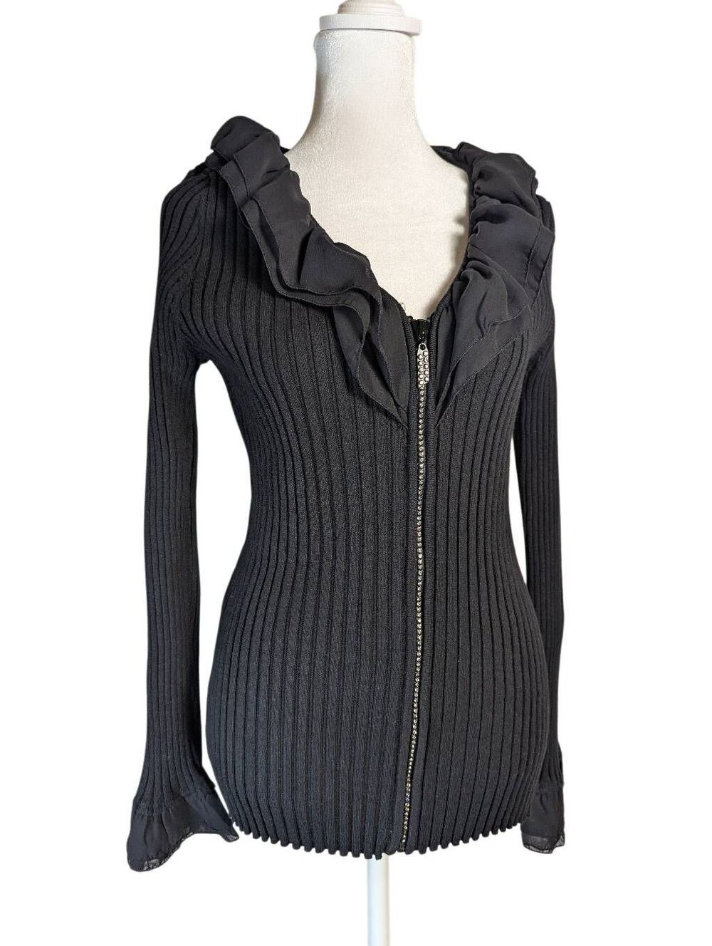Belldini Black ribbed ruffle trim rhinestone zipper cardigan sweater L